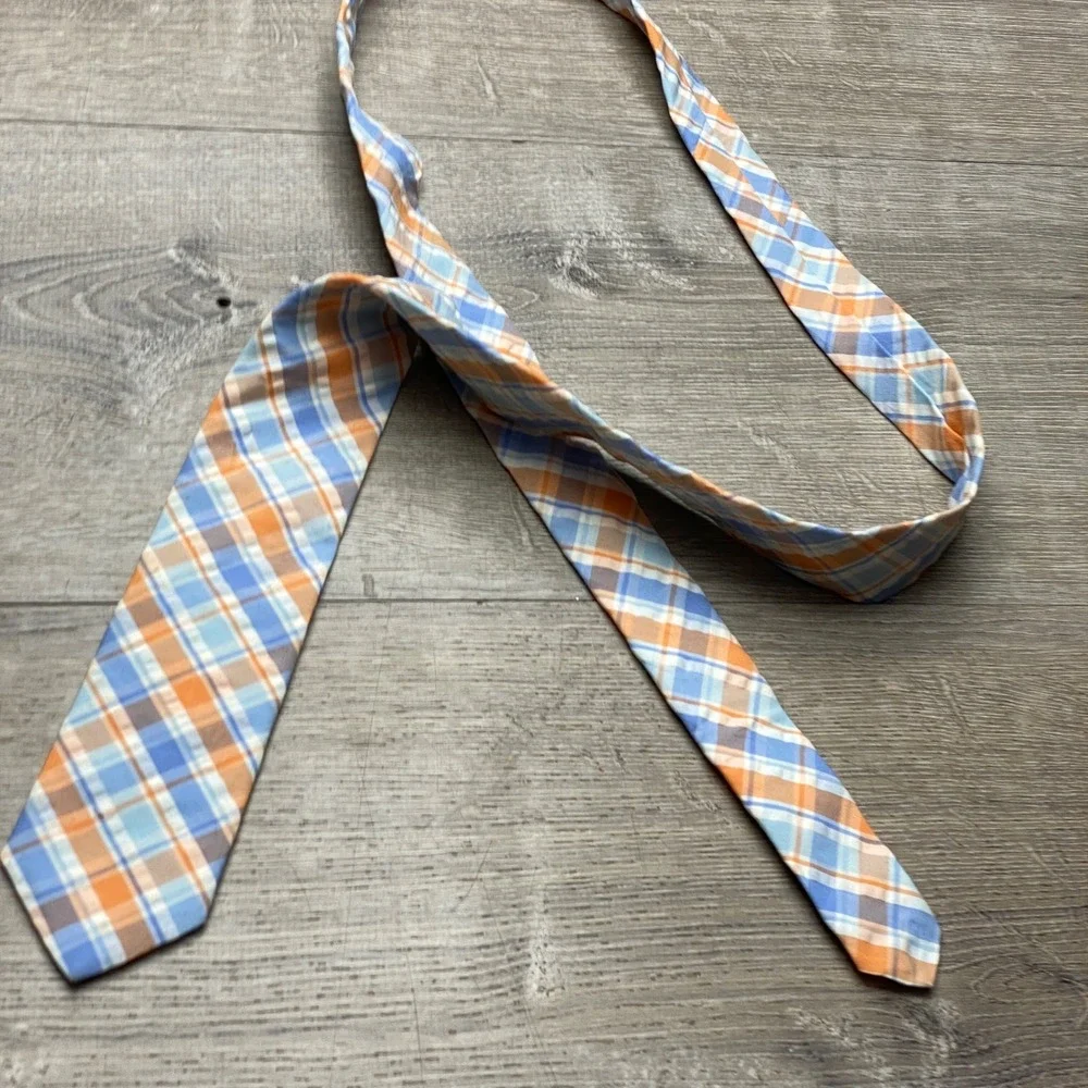 Brooks Brothers Boys Plaid Tie Blue Orange Cotton 346 Necktie